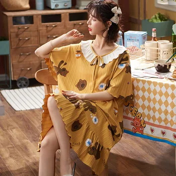 Naujas Korėjos Pižamos Moterims Vasaros Nightgowns Merginos Princesė Naktį Suknelė Medvilnės Nightdress Trumpomis Rankovėmis Plius Dydis Namų Drabužiai