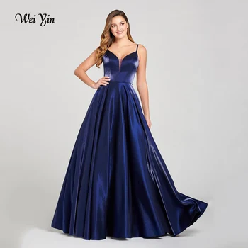 Weiyin AE0543 Elegantiškas Nekilnojamojo Nuotraukos-Line, Tamsiai Mėlynos V-Kaklo Spagečiai Dirželiai Vakaro Suknelės Satino Prom Vakare Chalatai vestido
