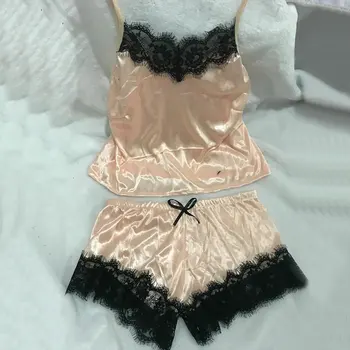 Moterų Sleepwear Sexy Satin Pajama Nustatyti Black Lace V-Neck Pižamos Rankovių Mielas Cami Viršų ir Šortai soft naktiniai drabužiai