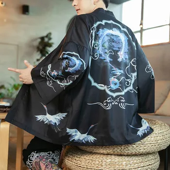 Kimono Japonų Megztinis Vyrams Vasaros Tradicinės Kinų Hanfu Cardigan Skraiste Spausdinimo Negabaritinių Atsitiktinis Palaidų Apsiaustu Kostiumai