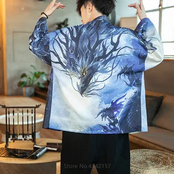 Kimono Japonų Megztinis Vyrams Vasaros Tradicinės Kinų Hanfu Cardigan Skraiste Spausdinimo Negabaritinių Atsitiktinis Palaidų Apsiaustu Kostiumai