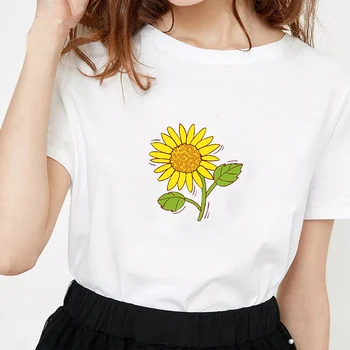 Mados Drabužius Moteris 2020 Grafinis Marškinėliai Derliaus Vasarą Atsitiktinis Viršų korėjos Stiliaus trumpomis Rankovėmis Saulėgrąžų Spausdinti Moterų marškinėliai Tee