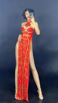 2020 Raudonas Auksas Modelis Akmenys Suknelė Vyrų Jumpsuit Prom Dainininkas Cheongsam Apranga Baras Moterų Šokių Šou Ilga Suknelė YOUDU
