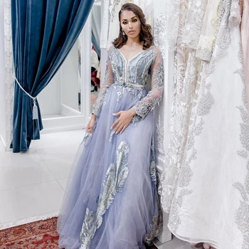 Levandų V Kaklo Tiulio-line Moroocan Kaftan Dubajus vakarinę Suknelę Užsakymą Duobute Appliques Musulmonų Arabija Oficialų Prom Chalatai