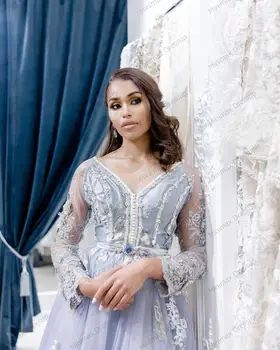 Levandų V Kaklo Tiulio-line Moroocan Kaftan Dubajus vakarinę Suknelę Užsakymą Duobute Appliques Musulmonų Arabija Oficialų Prom Chalatai