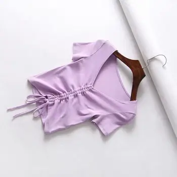 Vasarą Naujos V-kaklo Ledo Šilko Bako Viršuje moterų stora montavimo Slim Raišteliu Lieknėjimo Marškinėliai Laukinių trumpas rankovėmis V-Kaklo marškinėliai 2020 m.