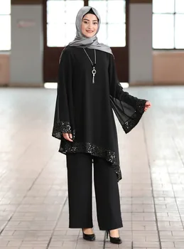 Wepbel Arabų 2 Gabalas Komplektus už Musulmonių Moterų Artimųjų Rytų Ramadanas Islamo Drabužių Šifono Prarasti Atsitiktinis Abaja Kimono