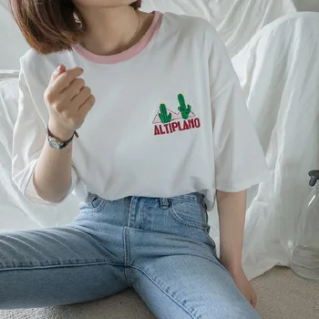 2020 Moterų Japonijos Punk Harajuku Ulzzang Blokuoti Animacinių filmų Ehttmbroidered Kaktusas T-shirt Moterų Kawaii Mielas Tee ir Top Moterims