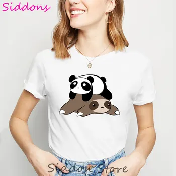 Mielas Panda Gulėti Ant Tinginys Estetinės Grafinis t marškinėliai Moterims 2020 Kawaii Gyvūnų Spausdinti marškinėlius Balti trumpomis Rankovėmis Moteriška T-shirt