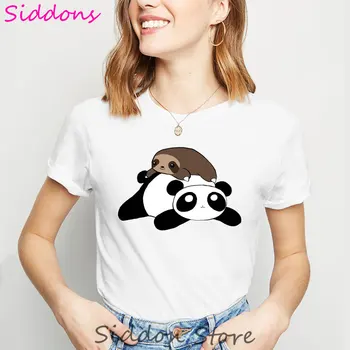 Mielas Panda Gulėti Ant Tinginys Estetinės Grafinis t marškinėliai Moterims 2020 Kawaii Gyvūnų Spausdinti marškinėlius Balti trumpomis Rankovėmis Moteriška T-shirt