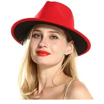 Raudona Džiazo skrybėlę Fedora skrybėlę Moterų Vilnos Žiemos Lauko Bžūp Plataus Kraštais skrybėlę, Moterų, Vyrų Pločio Kraštų Vilnos Panama Trilby Bžūp 58CM