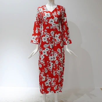 Rudenį Moterų Ilga Suknelė Atsitiktinis Gėlių Spausdinti Padalinta Suknelė Elegantiškas Laisvalaikio Trys Ketvirtį Rankovės Ponios Šalies Vestido Kimono Suknelės