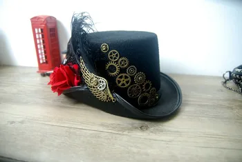 Retro Vintage Unisex Steampunk Rose Įrankius, Juoda Viršų Skrybėlę su Sparnų ir Plunksnų Gotikos Viktorijos Skrybėlę Helovinas Lolita Cosplay Skrybėlę