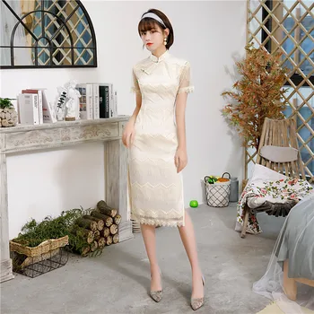 Balta Elegantiška Moteris Cheongsam Vestidso Seksualus Mandarinų Apykaklės Vasarą Naujasis Kinijos Suknelė Trumpomis Rankovėmis Klasikinis Aukštos Padalinta Qipao