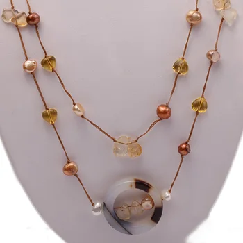 JYX Klasikinis Įvairių spalvų Natūralaus Agato ir Širdies formos Kristalų vėrinį 8-10mm gėlavandenių perlų grandinė 24