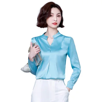 2020 metų vasaros naują šilko moterims palaidinės v-kaklo, kietas ilgomis rankovėmis slim office lady elegantiškas moteriškos palaidinės plius dydis 3XL 4XL išsitraukia į viršų