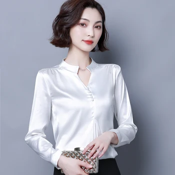 2020 metų vasaros naują šilko moterims palaidinės v-kaklo, kietas ilgomis rankovėmis slim office lady elegantiškas moteriškos palaidinės plius dydis 3XL 4XL išsitraukia į viršų