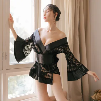 Japonų Kimono Megztinis Mujer Moterų Haori Sexy Nėrinių Sleepwear Yukata Satino Trumpas Chalatas, Vonios Moteriška Suknelė Šalis Kostiumas Geiša