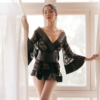 Japonų Kimono Megztinis Mujer Moterų Haori Sexy Nėrinių Sleepwear Yukata Satino Trumpas Chalatas, Vonios Moteriška Suknelė Šalis Kostiumas Geiša