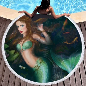 Raundas Paplūdimio Rankšluostį Suaugusiems/Vaikams Mermaid Spausdinti Valgiaraščių De Plage Didelį Rankšluostį Animacinių filmų Mikropluošto Vonios Toalla 150cm