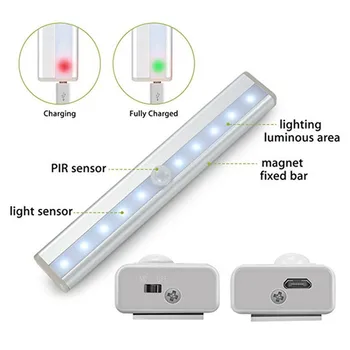 USB Įkrovimo 10 LED Pagal Kabineto Šviesos PIR Judesio Jutiklis Nakties Šviesos Spinta Spinta Spinta Laiptai, Virtuvės Apšvietimas