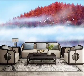 Pritaikyti 3D tapetai, freskos naujas Kinų Dzeno kraštovaizdžio apdailos dažymo debesis paukščių plaukioja nuotaikos fone sienos