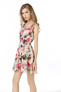 Šifono Moterų Trumpomis Rankovėmis Suknelė Vintage Gėlių Spageti Dirželis Suknelė Vasaros Sundresses Bako Viršuje Rankovių Atsitiktinis Saulė Suknelė