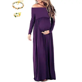 Motinystės Moterys ilgomis Rankovėmis Shoulderless Grindų Ilgis Foto Suknelės Seksualus, Nėštumo metu Pilvo Priežiūros vientisos Spalvos X-ilgos Suknelės