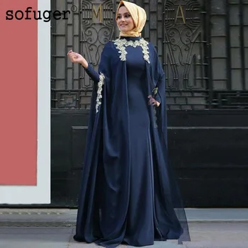 Tamsiai Mėlynas Vintage Rytų Musulmonų Šalis, O Kaklo Appliques Rankovėmis Dubajus Arabų Saudo Arabijos Vakarinės Suknelės Prom Dress