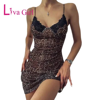 LIVAI MERGINA Leopardas Spausdinti Nėrinių Spageti Dirželis Chemise Moterų Seksualus V-Kaklo Suknelė+Diržas Nustatyti Moterų Vasaros Nightgowns Sleepwear S-L