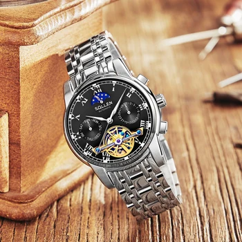 SOLLEN Nauji vyriški Laikrodžiai Top Brand Prabanga Mėnulio Automatinis laikrodis Vyrams Tourbillon Žiūrėti Mados Atsitiktinis Verslo Laikrodis