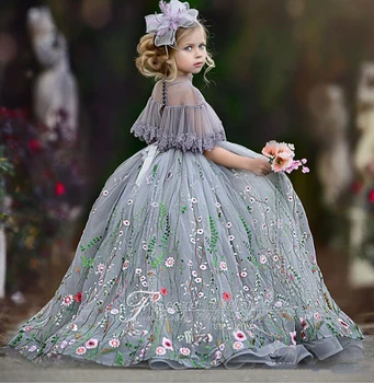 2020 Mielas Tiulio Kamuolys Suknelė Gėlių mergaičių Suknelės Nėriniai Aplikacijos Aukšto Kaklo Strazdų Vaikai Inscenizacija Suknelė Grindų Ilgis Mergaitės Suknelė