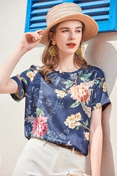 Šilkas moteriški Marškinėliai O Kaklo trumpomis Rankovėmis, Gėlių Atspausdintas Mados Atsitiktinis Palaidinė Viršutiniai drabužiai Viršūnės