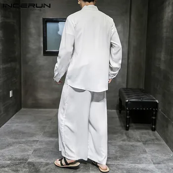 INCERUN Kinų Stiliaus Vyrų Rinkiniai Kietas Long Sleeve V-Kaklo Marškinėliai Tango Kostiumas Atsitiktinis Pločio Kojų Kelnės Streetwear Derliaus Mens Kostiumai 2021