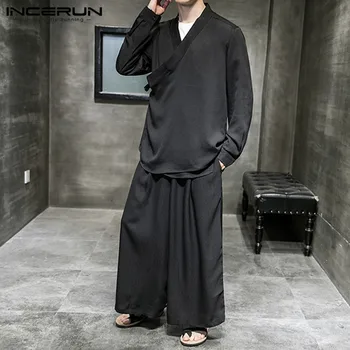 INCERUN Kinų Stiliaus Vyrų Rinkiniai Kietas Long Sleeve V-Kaklo Marškinėliai Tango Kostiumas Atsitiktinis Pločio Kojų Kelnės Streetwear Derliaus Mens Kostiumai 2021
