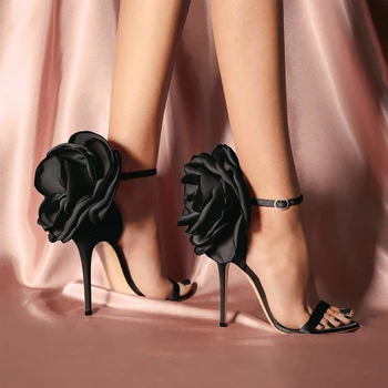Zapatos De Mujer Chinelo Juoda Gėlė Čiurnos Dirželis Sandalai Stiletto Kulniukai Rausva Juoda Satino Šalies Batų Moteris Escarpin