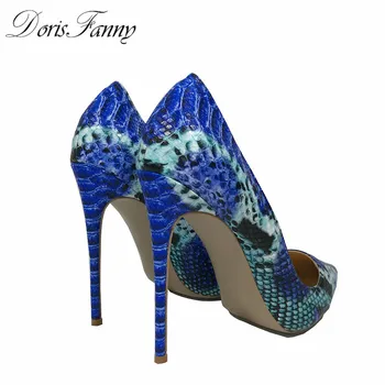DorisFanny Gyvatė Spausdinti Mėlyna moterų batai aukštu kulnu 12cm/10cm/8cm šalies bateliai moterims aukšto kulno siurbliai, dydis 12 42 43