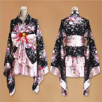 Tradicinis Japonų Kimono Moterų Sakura Spausdinti Lolita Pink Trumpais Sijonais Tarnaitė Cosplay Kostiumas Helovinas Mergina Išgalvotas Suknelė S-XXL