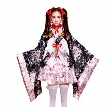 Tradicinis Japonų Kimono Moterų Sakura Spausdinti Lolita Pink Trumpais Sijonais Tarnaitė Cosplay Kostiumas Helovinas Mergina Išgalvotas Suknelė S-XXL