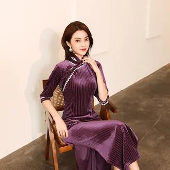 Tradicinės Kinų Dryžuotas Aksomo Rytų Elegantiškas Klasikinis Plonas Ilgas Cheongsam Suknelės Lady Pokylių Seksualus Veliūras Nėrinių Apdaila Qipao