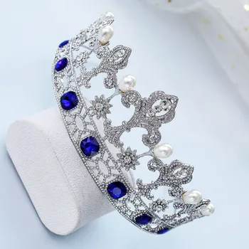 CC vestuvių papuošalai tiara karūna hairbands baroko stiliaus stud auskarai dalyvavimas plaukų aksesuarai nuotaka mėlyna cz stone xy381