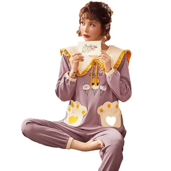 Didelis Stotyse M-XXL Jaunų Mergaičių naktiniai marškiniai, pižamos Nustatyti Rudenį Mielas Animacinių filmų ilgomis Rankovėmis Sleepwear Moterų Patogus Grynos Medvilnės Namų Drabužiai