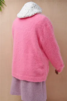 K196 ponios moterų mados sweet pink mink kašmyras giliai v-kaklo prarasti susagstomi megztiniai mygtuką angoros kailio megztiniai striukė žiemos paltai megztinis