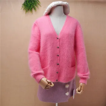 K196 ponios moterų mados sweet pink mink kašmyras giliai v-kaklo prarasti susagstomi megztiniai mygtuką angoros kailio megztiniai striukė žiemos paltai megztinis