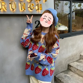 Japonijos Kawaii Saldus Braškių Spausdinti Megztinis Mergina Korėjos Preppy Stilius O-Kaklo Animacinių Filmų Lokys Mezgimo Megztinių Moteris Megztinis