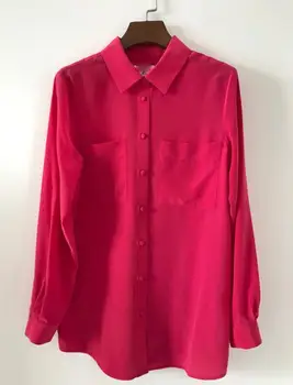 Smėlio Plauti Šilko Krepo Marškinėliai Paprasta Dvigubai Kišenėje Elegantiškas Užsegimas Šilko Marškinėliai
