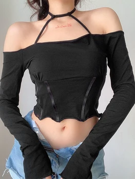 Moterų Sexy Backless Gotikos Apynasrio Trumpas Viršūnes Tee Off-the-pečių Liesas marškinėliai ilgomis Rankovėmis Atsitiktinis Ruffles Hem Šalių Topai