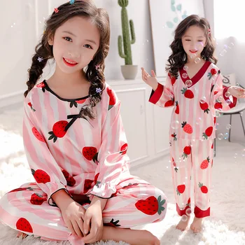 Pavasario Braškių vaikai satino pižama Šilko vaikams povas grožio nightdress chalatas baby girl pižama miega drabužių 4-15 Y
