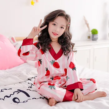 Pavasario Braškių vaikai satino pižama Šilko vaikams povas grožio nightdress chalatas baby girl pižama miega drabužių 4-15 Y