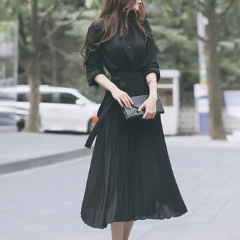 Vasaros Atsitiktinis Elegantiškas Biuras Ponios Korėjos Blue Vintage Moteris Ilga Suknelė Plisuotos Paprasto Aukšto Juosmens Moterų 2020 M. Retro Maxi Suknelė